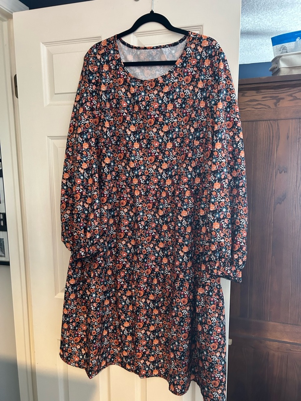 SHEIN Black Floral Midi Dress with Orange and Pink Flowers